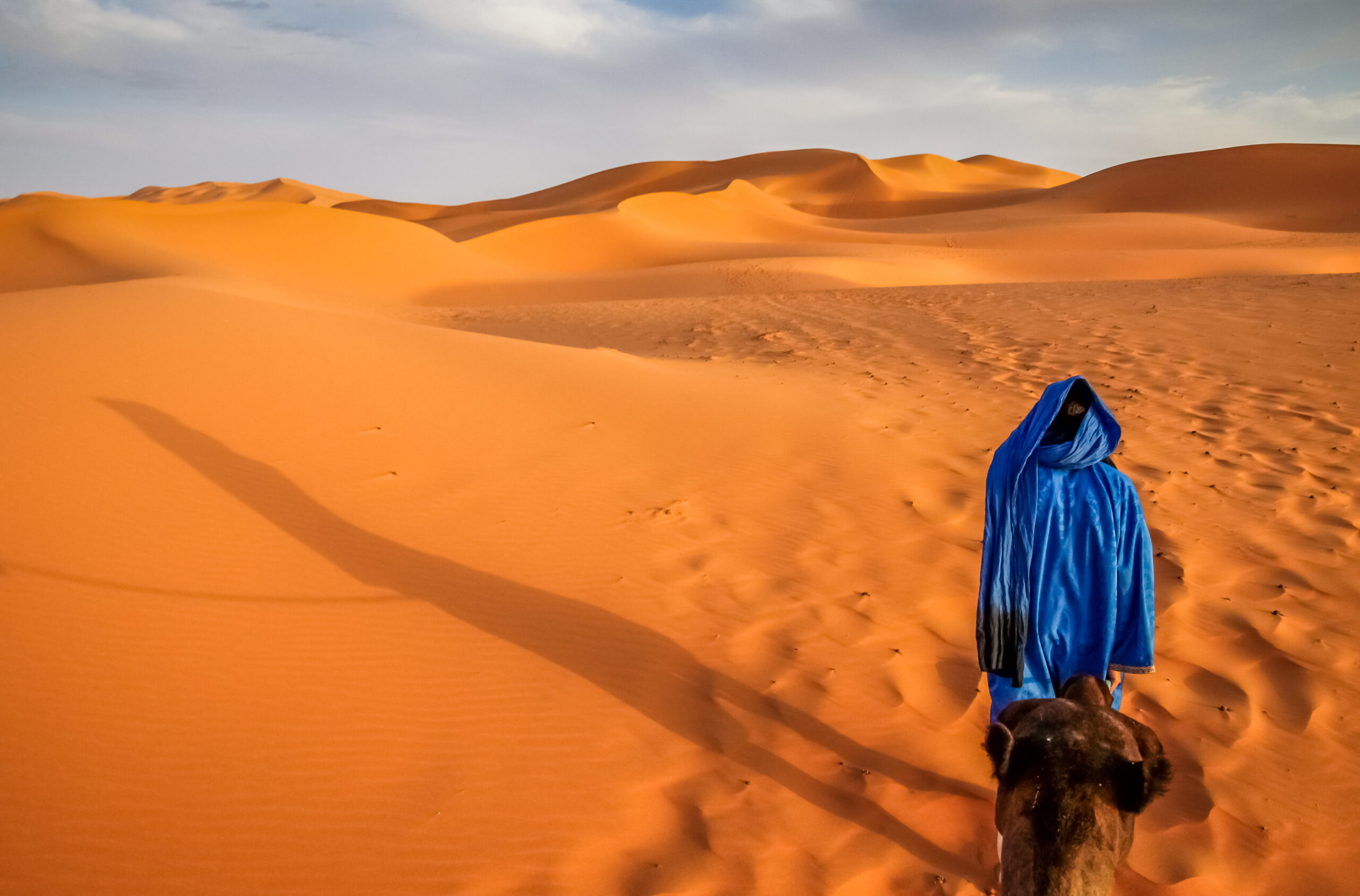 Berber leading a camel into the stunning sand dunes of Sahara desert in Merzouga, Morocco