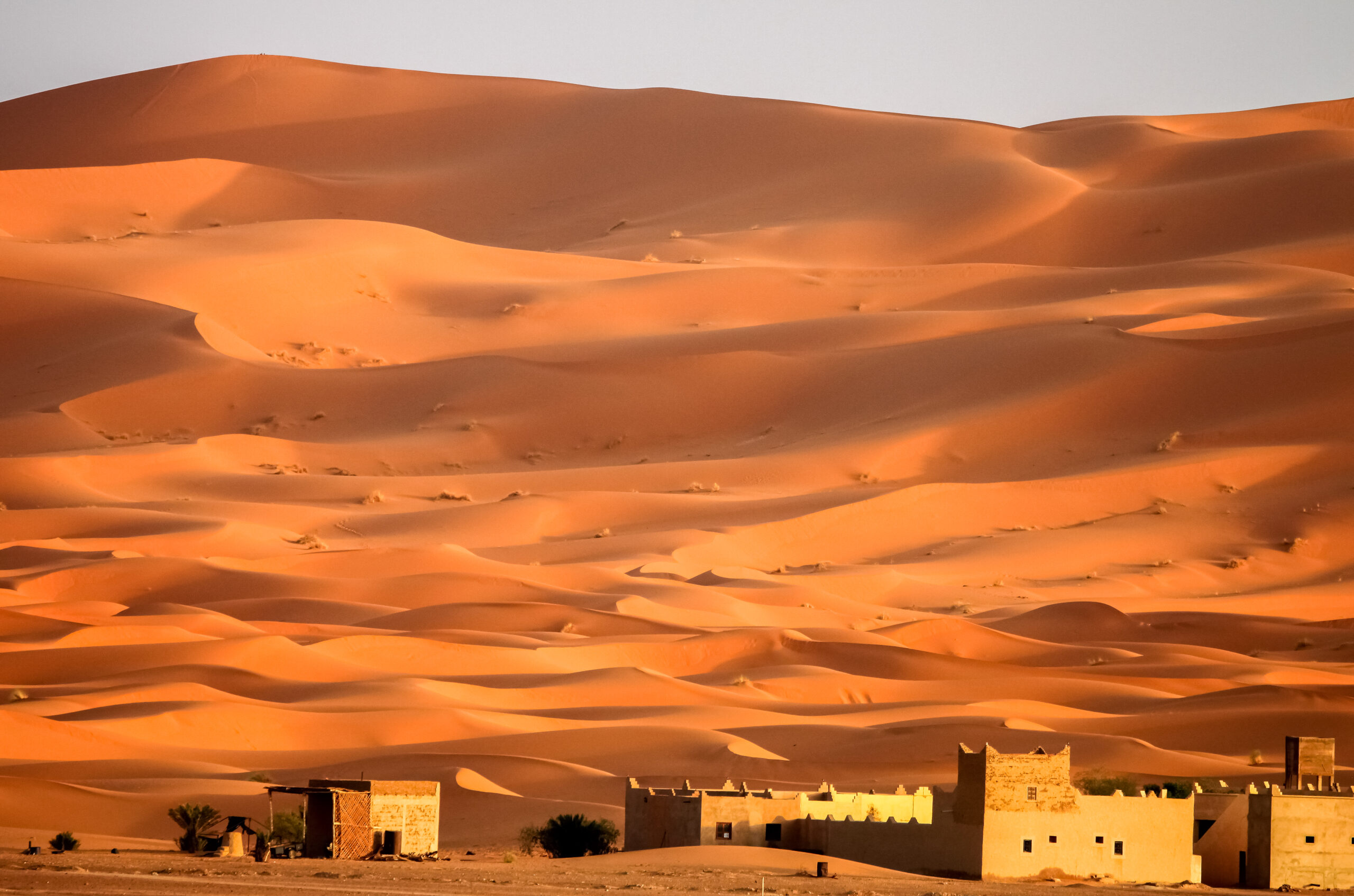 Berber homes at the foot of gigantic and stunning sand dunes of Sahara desert in Merzouga, Morocco